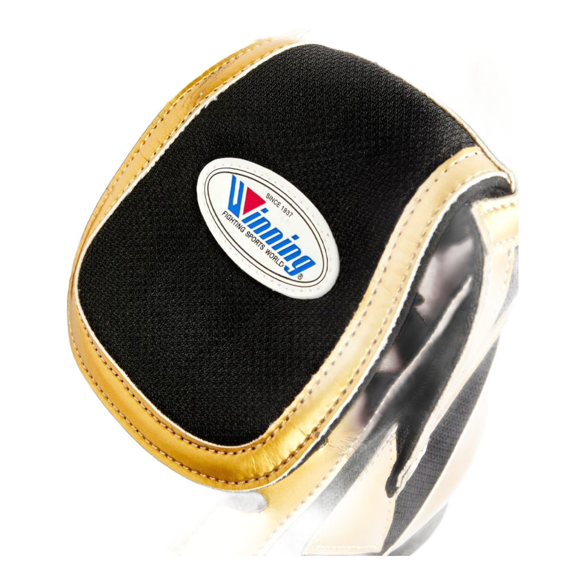 Winning RS-003 boxing boots black and gold, side profile showing gold panel detail