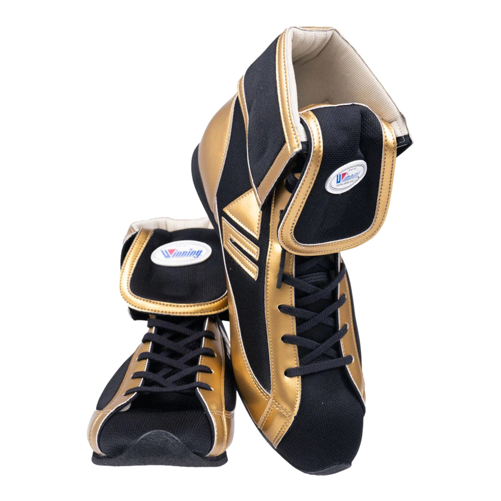 Winning Mid-Cut FOLD Type boxing boots in gold and black, front view showing laces and fold-over collar