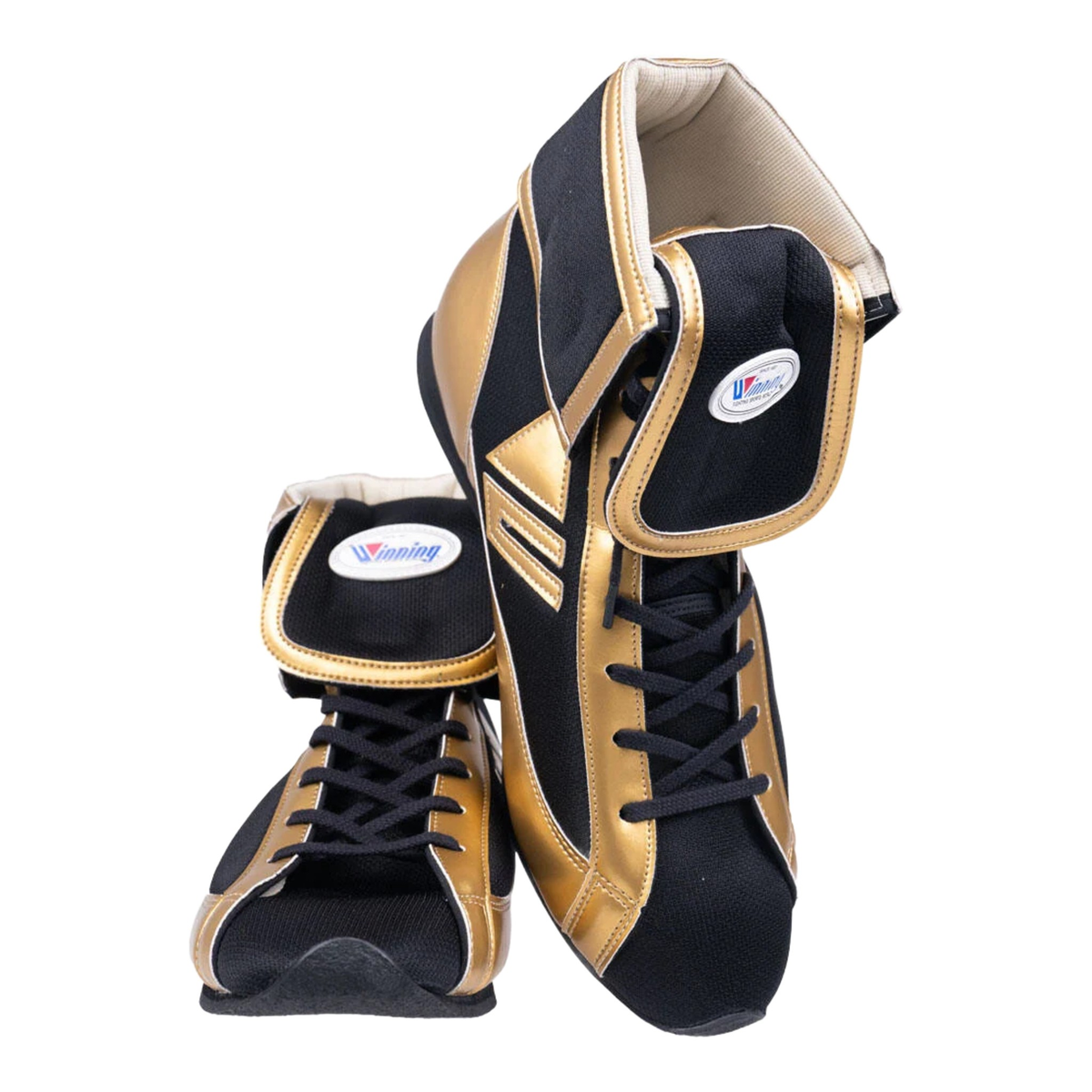 Winning Mid-Cut FOLD Type boxing boots in gold and black, front view showing laces and fold-over collar