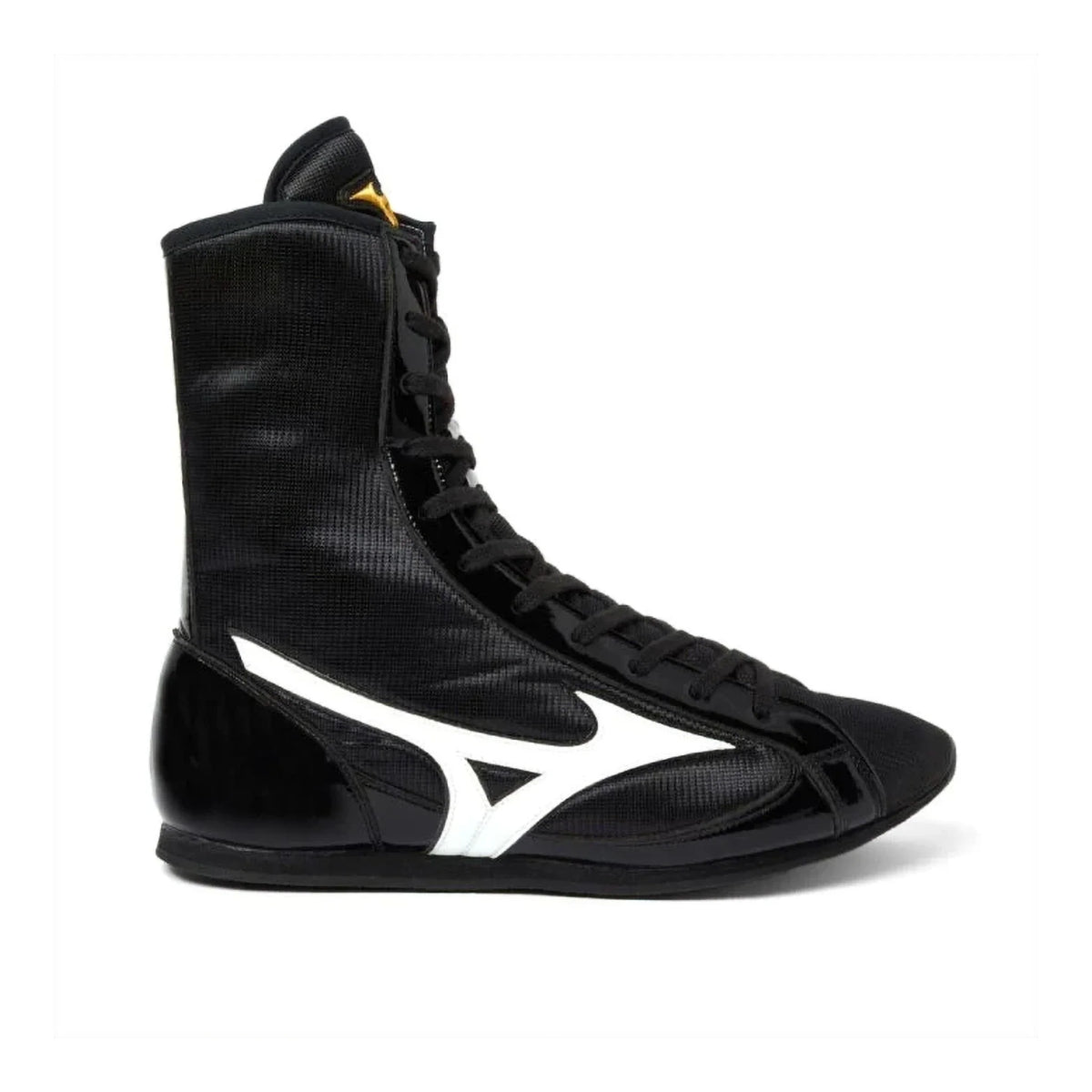 Mizuno Finisher MID boxing shoes in black with white logo and gold heel tab