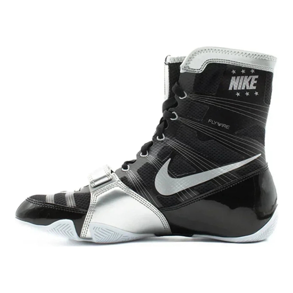 Side view of the black and silver Nike HyperKO 1 boxing boot