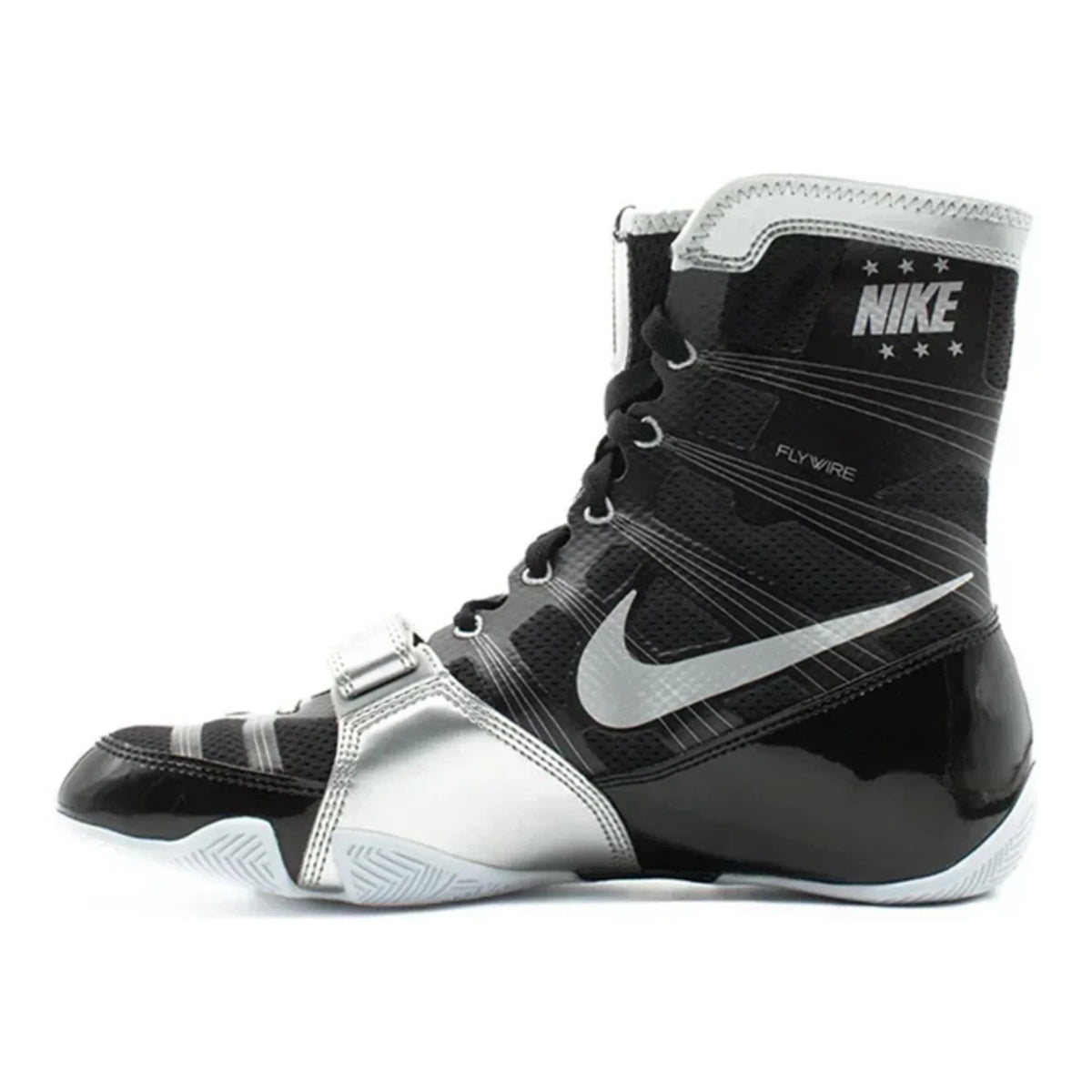 Side view of the black and silver Nike HyperKO 1 boxing boot