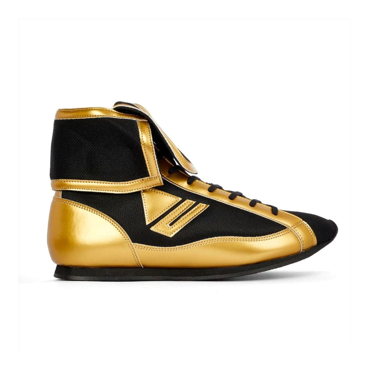 Winning RS-003 boxing boots in black and gold, high-top silhouette with leather overlays