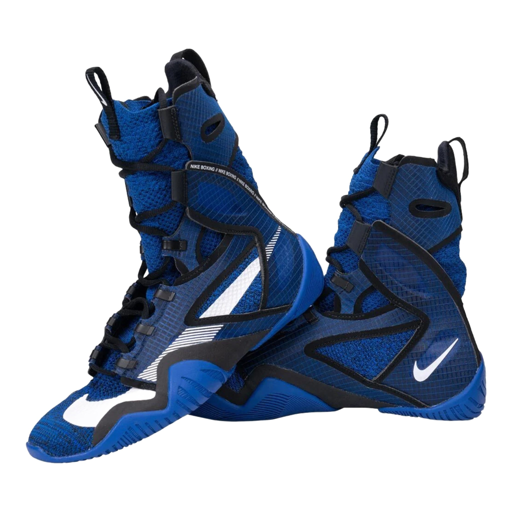 Pair of Nike HyperKO 2 royal blue and black high-top boxing shoes with white Swoosh detailing