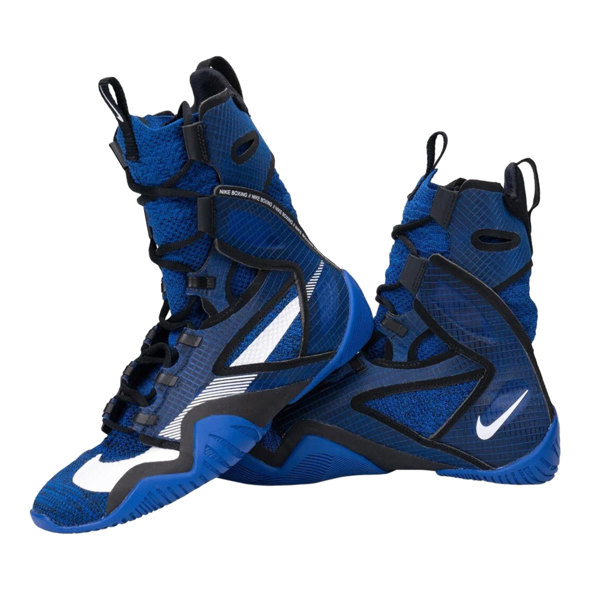 Pair of Nike HyperKO 2 royal blue and black high-top boxing shoes with white Swoosh detailing