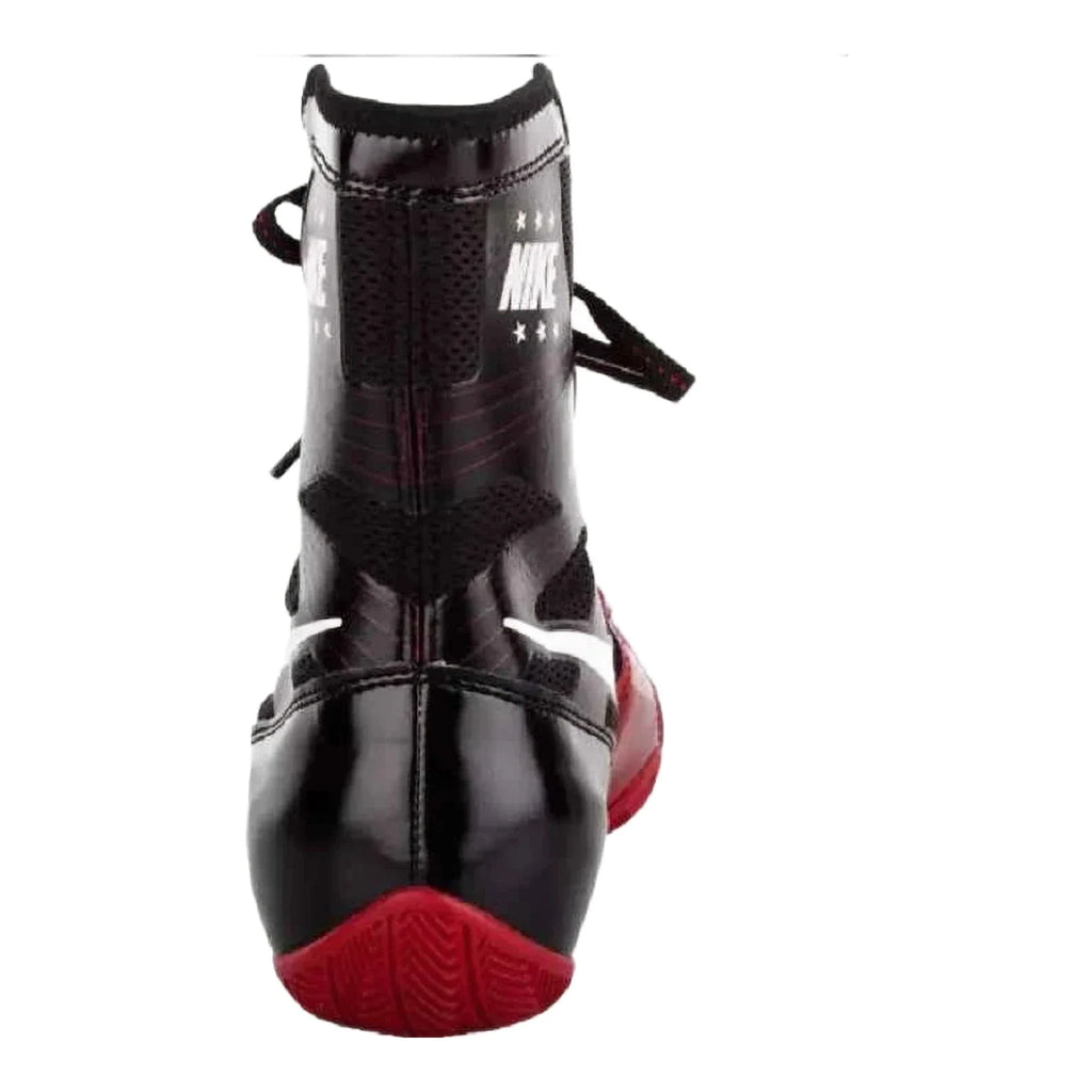 Rear heel view of Nike HyperKO 1 Black/Red boxing shoe showing the black heel counter and high-top collar