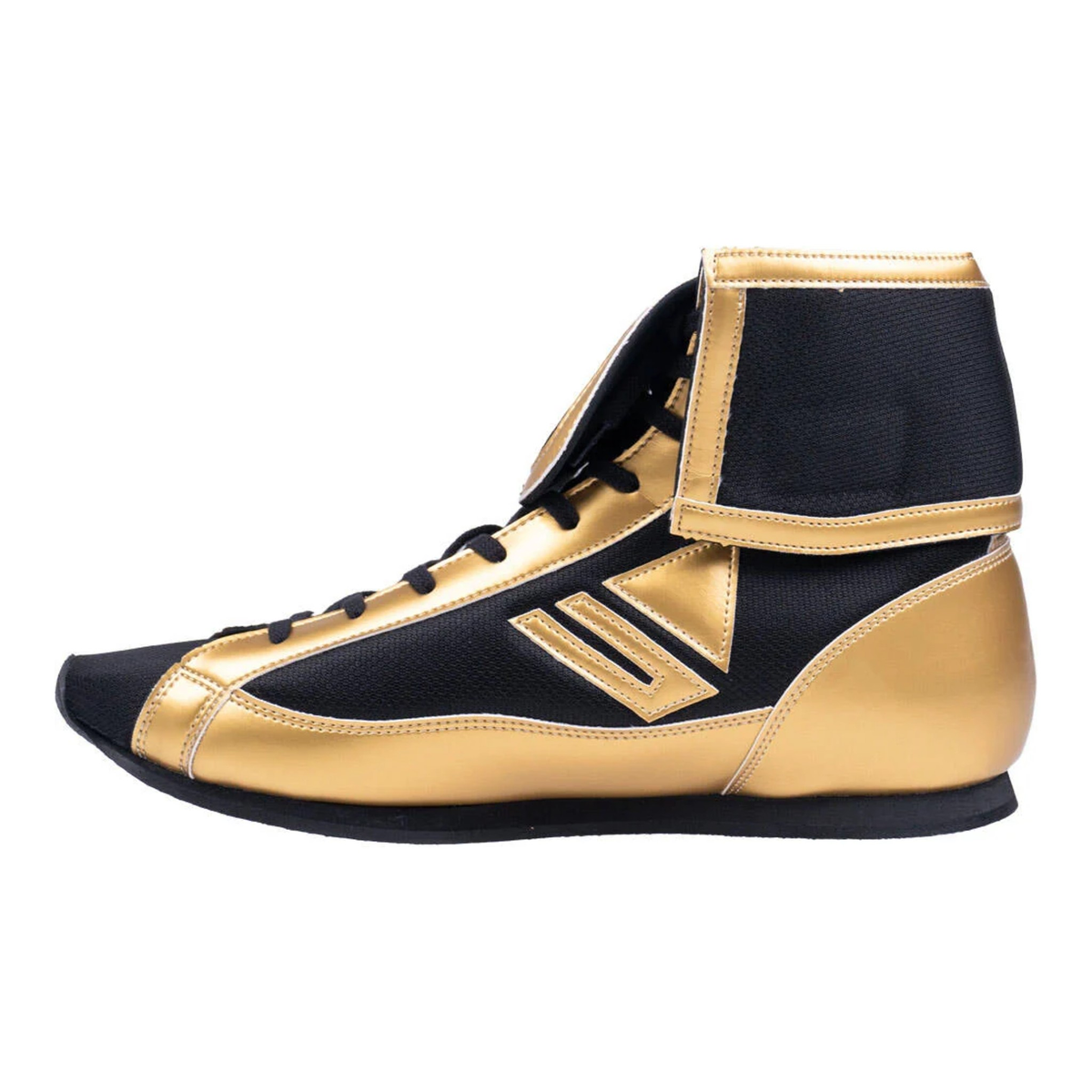 Winning Mid-Cut FOLD Type boxing boot in metallic gold and black, side profile on white background