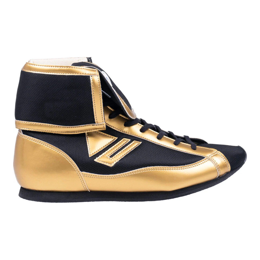 Winning Mid-Cut FOLD Type boxing boot in metallic gold and black, outer side view