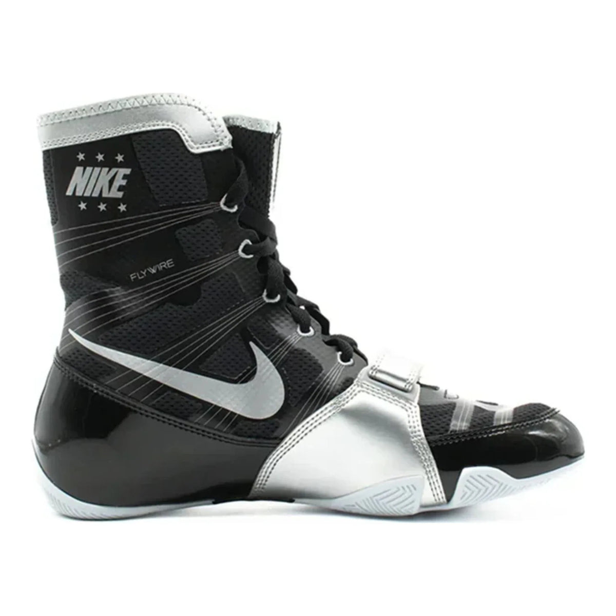 Inner side view of the black and silver Nike HyperKO 1 boxing boot with metallic silver midfoot panel