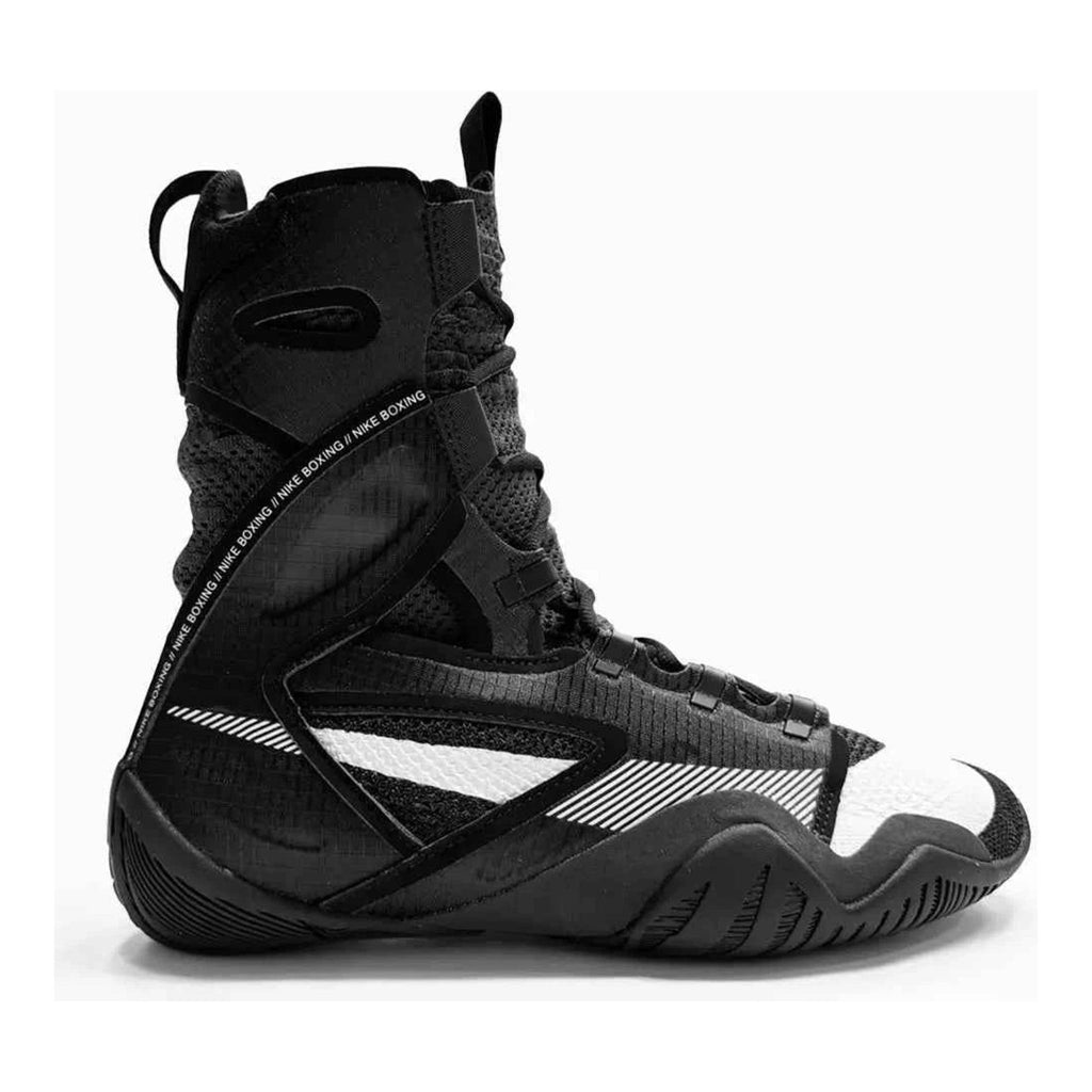 Side profile of Nike HyperKO 2 Flyknit boxing shoe in Black and White colorway