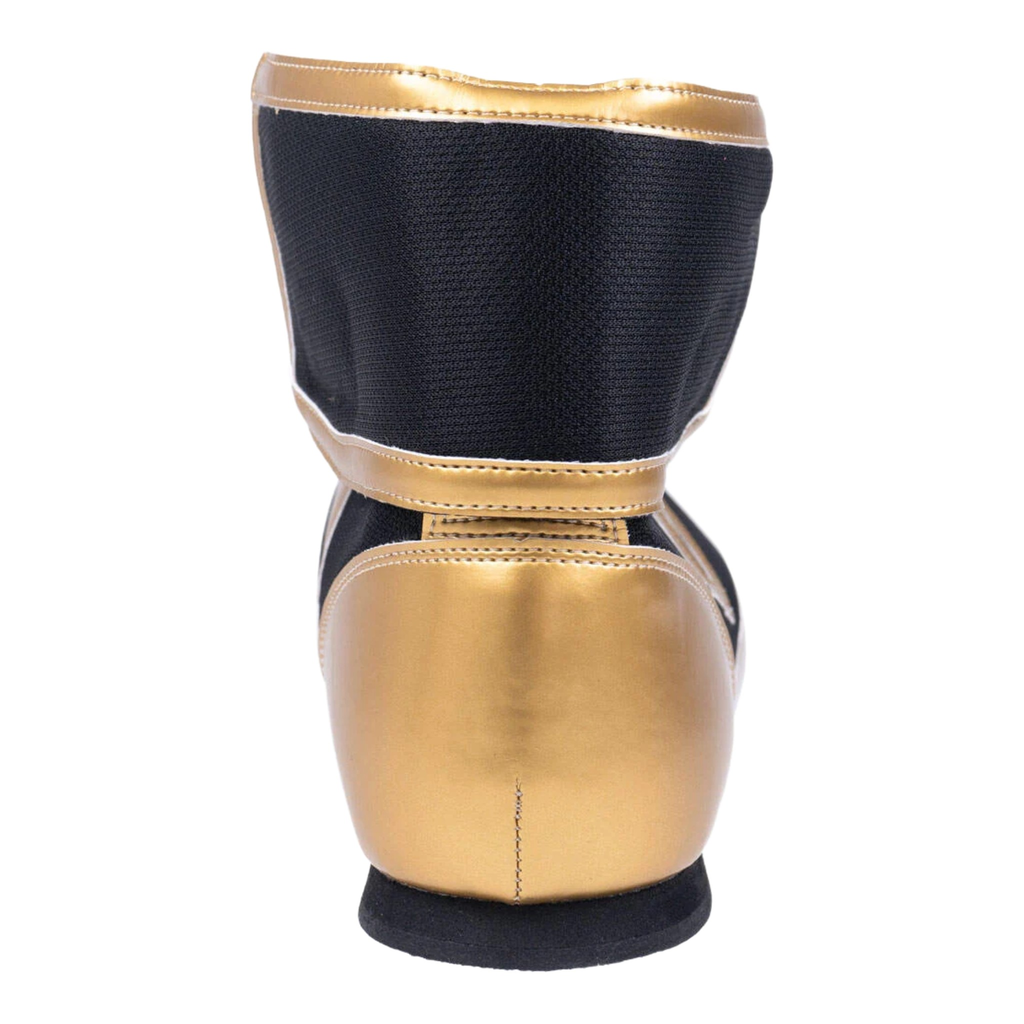 Winning Mid-Cut FOLD Type boxing boot in metallic gold and black, rear heel view