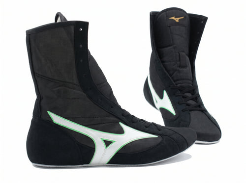 Mizuno Finisher MID boxing shoes in Black and Green, mid-cut lace-up boxing shoe