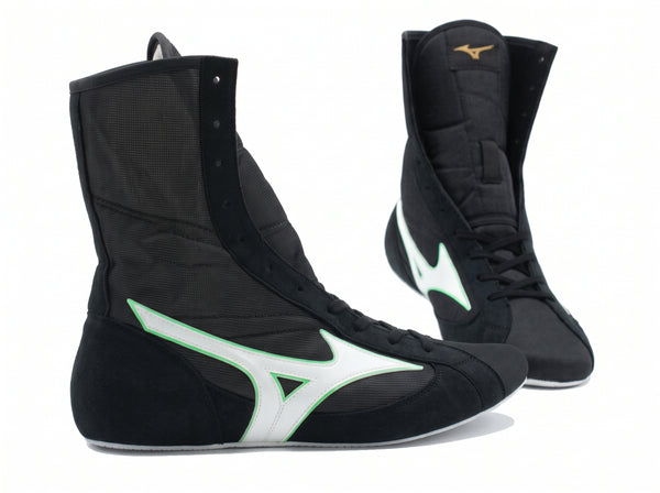Mizuno Finisher MID boxing shoes in Black and Green, mid-cut lace-up boxing shoe