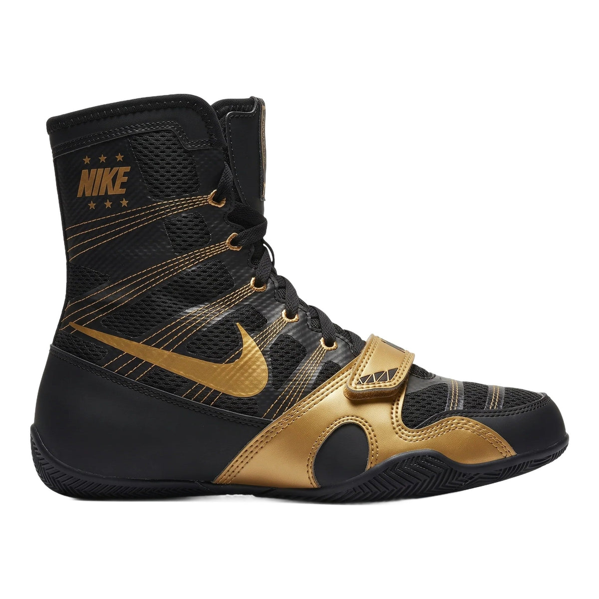 Nike HyperKO 1 Black/Gold boxing shoe on white background, three-quarter view