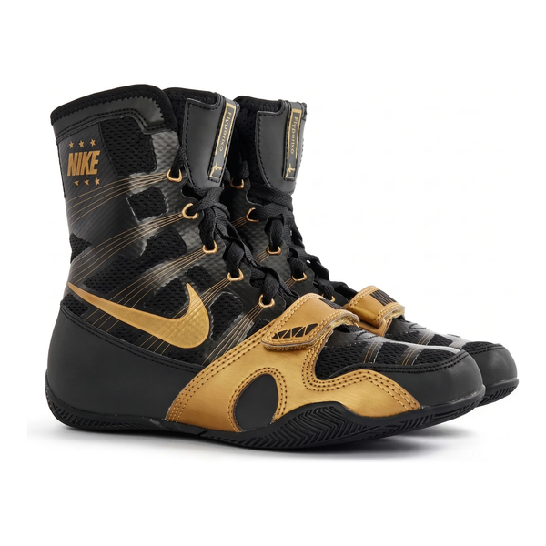 Nike HyperKO 1 boxing shoes in Black and Metallic Gold, secure high-top boxing shoe