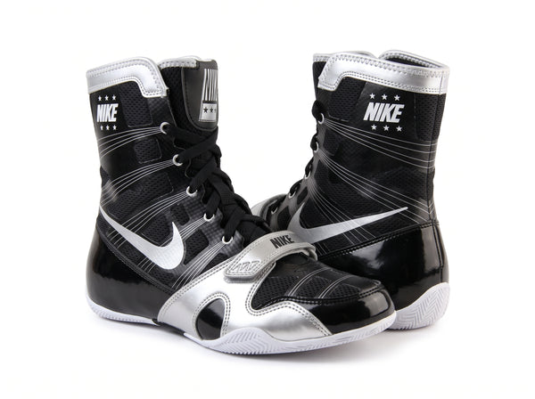 Nike HyperKO 1 boxing shoes in Black and Metallic Silver, high-top lace-up competition boxing shoe
