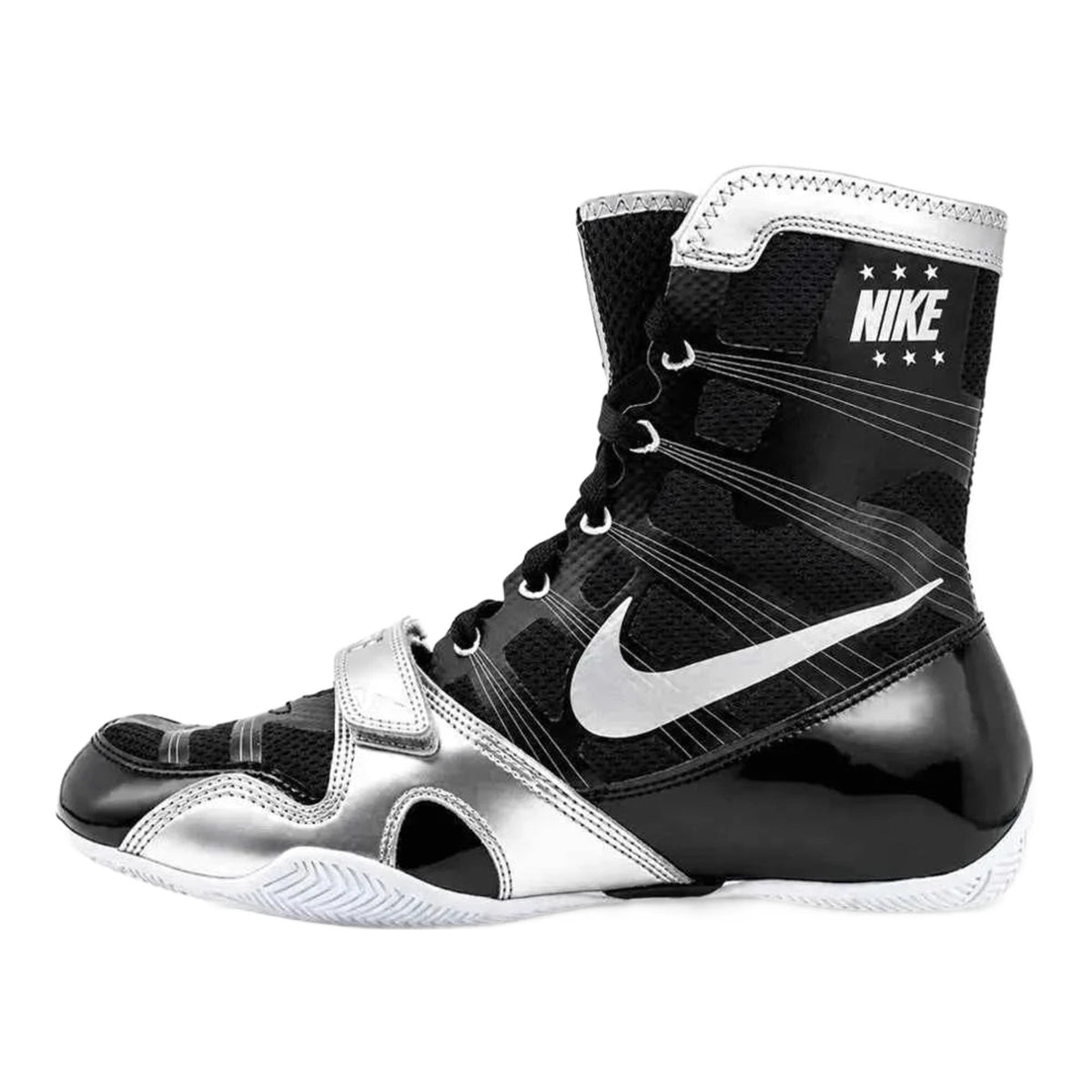 Nike HyperKO 1 boxing shoes in Black and Metallic Silver, lace-up high-top boxing shoe