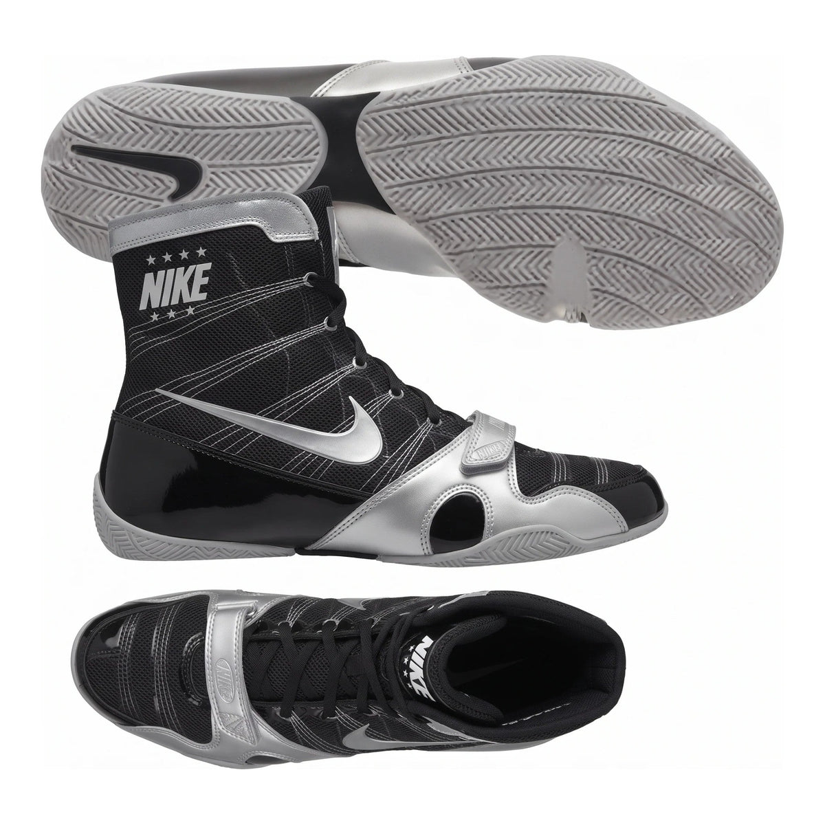 Nike HyperKO 1 black and metallic silver boxing shoes, detail view