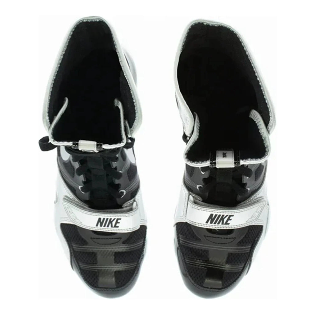 Top-down view of a pair of black and silver Nike HyperKO 1 boxing boots showing the collars, laces and forefoot straps