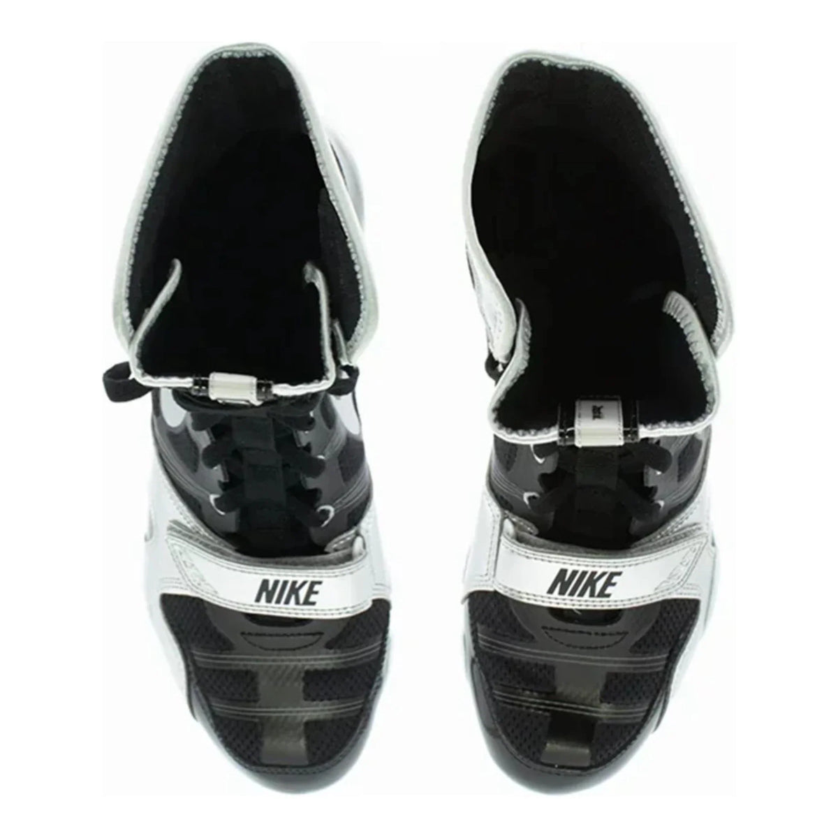 Top-down view of a pair of black and silver Nike HyperKO 1 boxing boots showing the collars, laces and forefoot straps