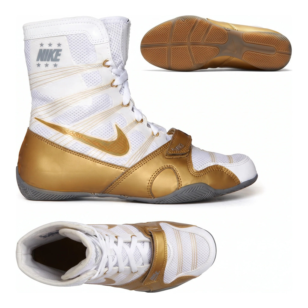 Nike HyperKO 1 White/Gold boxing shoe pair, front three-quarter view