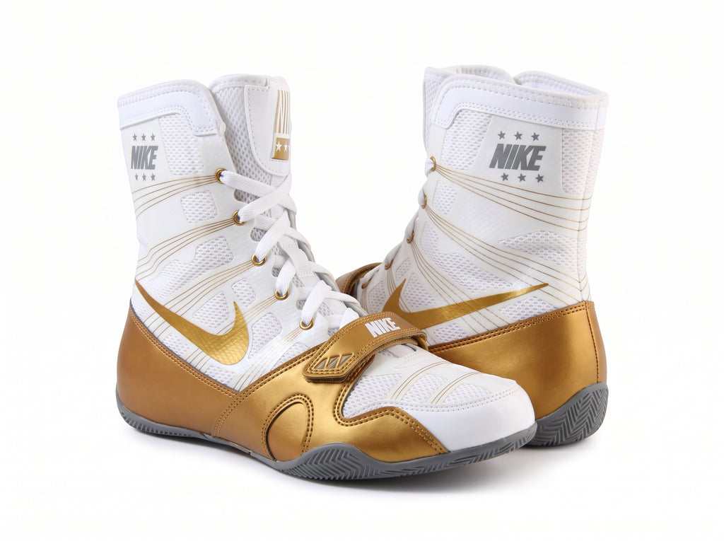 Nike HyperKO 1 boxing shoes in White and Metallic Gold, high-top lace-up competition boxing shoe