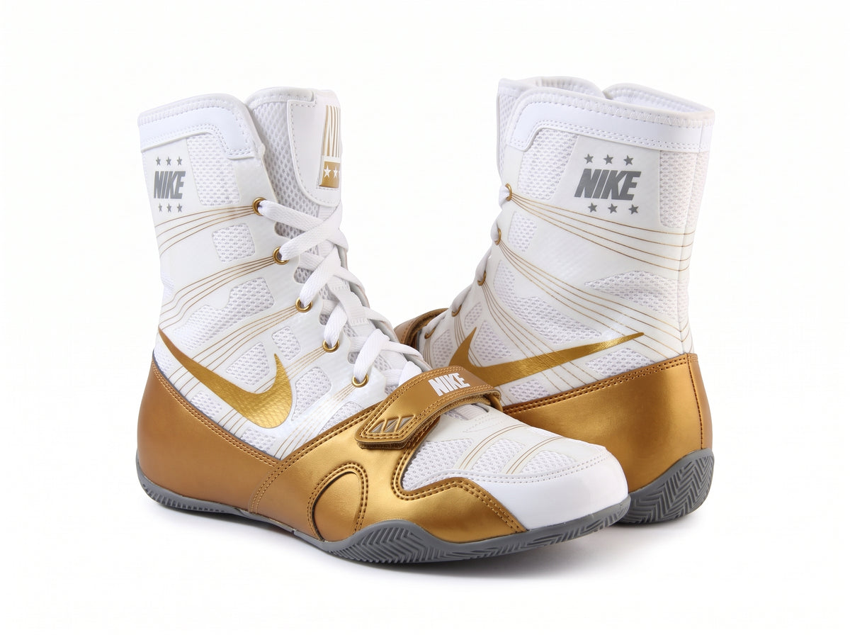 Nike HyperKO 1 boxing shoes in White and Metallic Gold, high-top lace-up competition boxing shoe