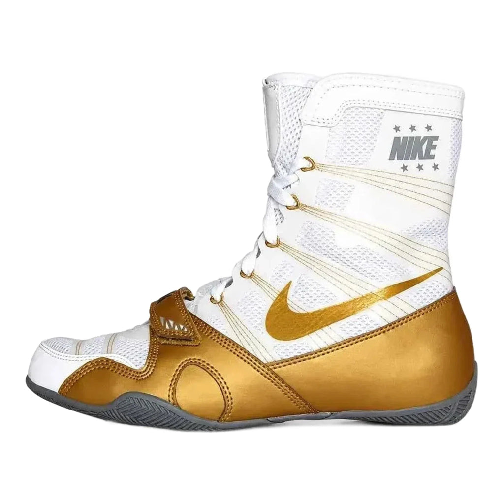 Nike HyperKO 1 boxing shoes in White and Metallic Gold, high-top boxing shoe