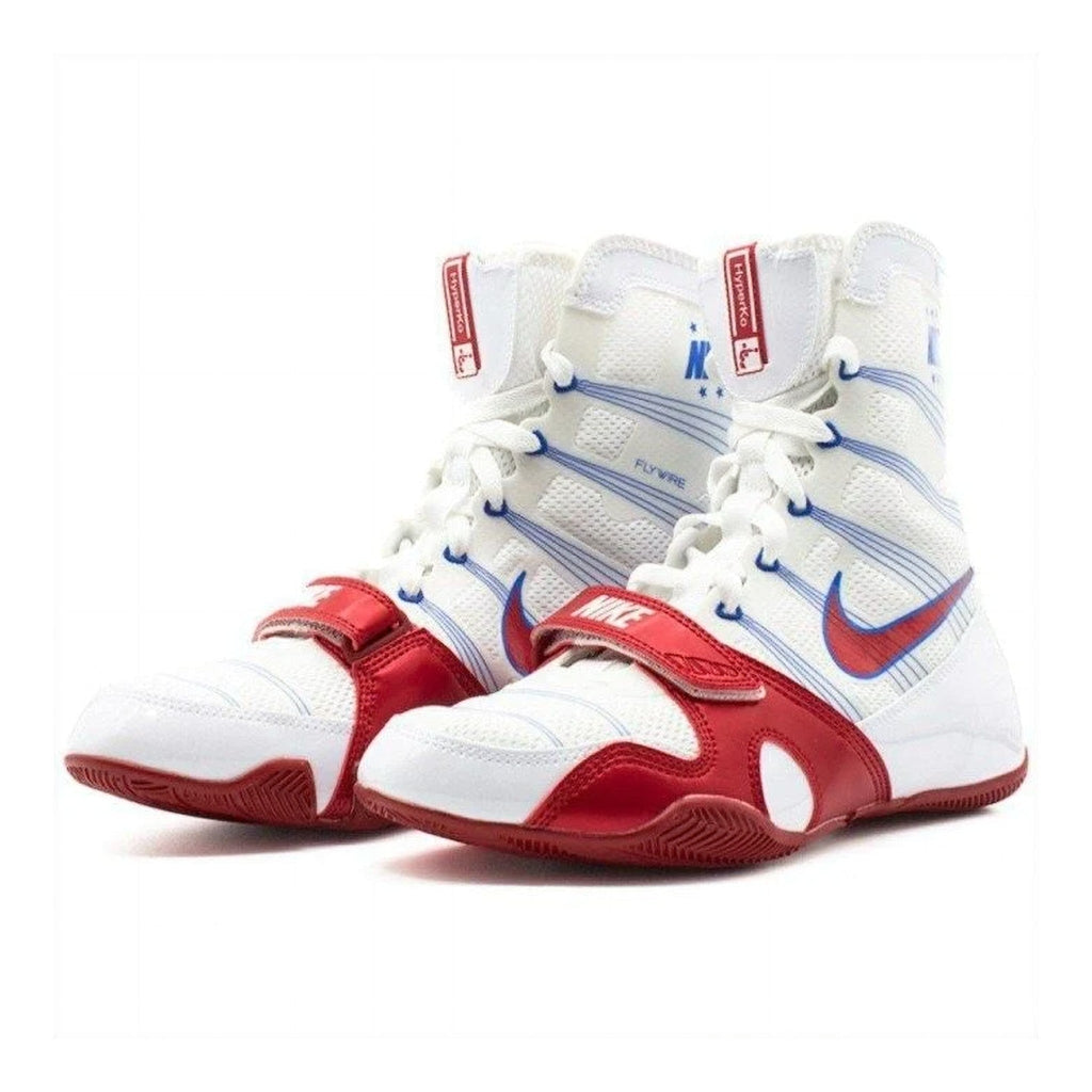 Nike HyperKO 1 White/Red boxing shoe shown from the side, high-top silhouette