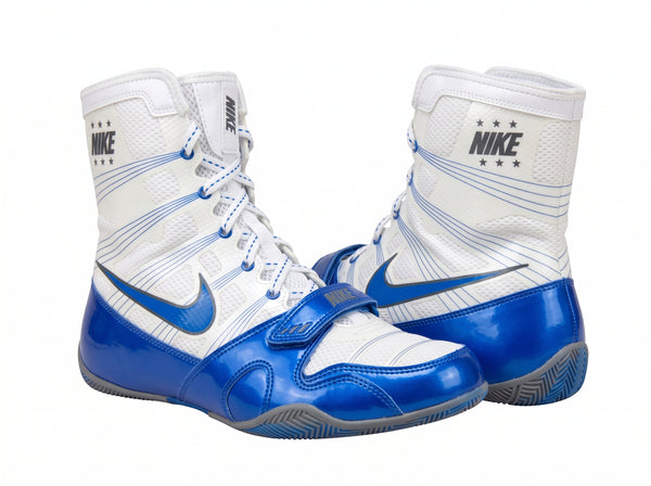 Nike HyperKO 1 boxing shoes in White and Royal Blue, high-top lace-up competition boxing shoe