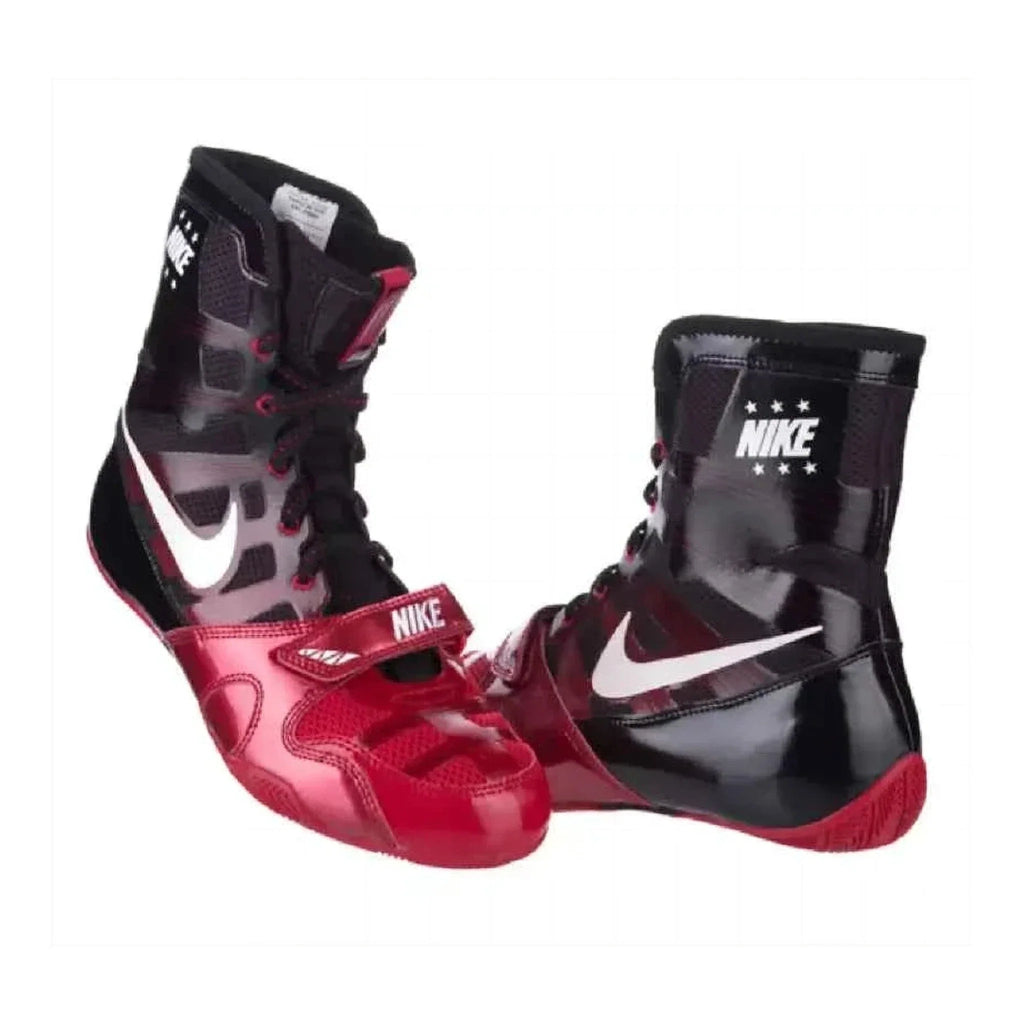 Nike HyperKO 1 Black/Red boxing shoe pair, angled front-lacing view
