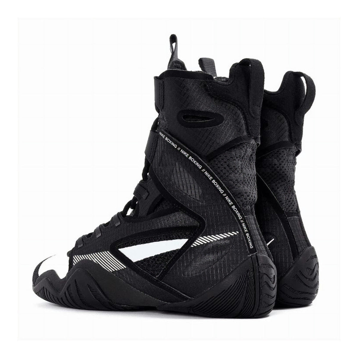 Nike HyperKO 2 Black/White boxing shoe close-up showing Flyknit high-top upper
