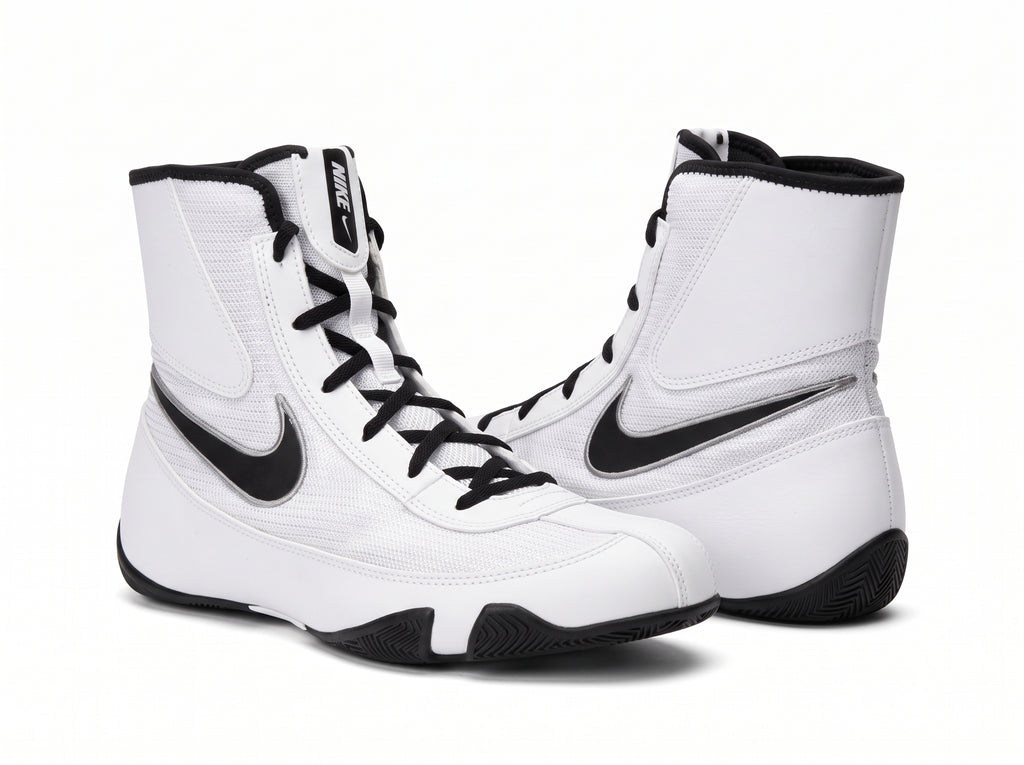 Nike Machomai 2 boxing shoes in White and Silver, mid-top lace-up boxing shoe