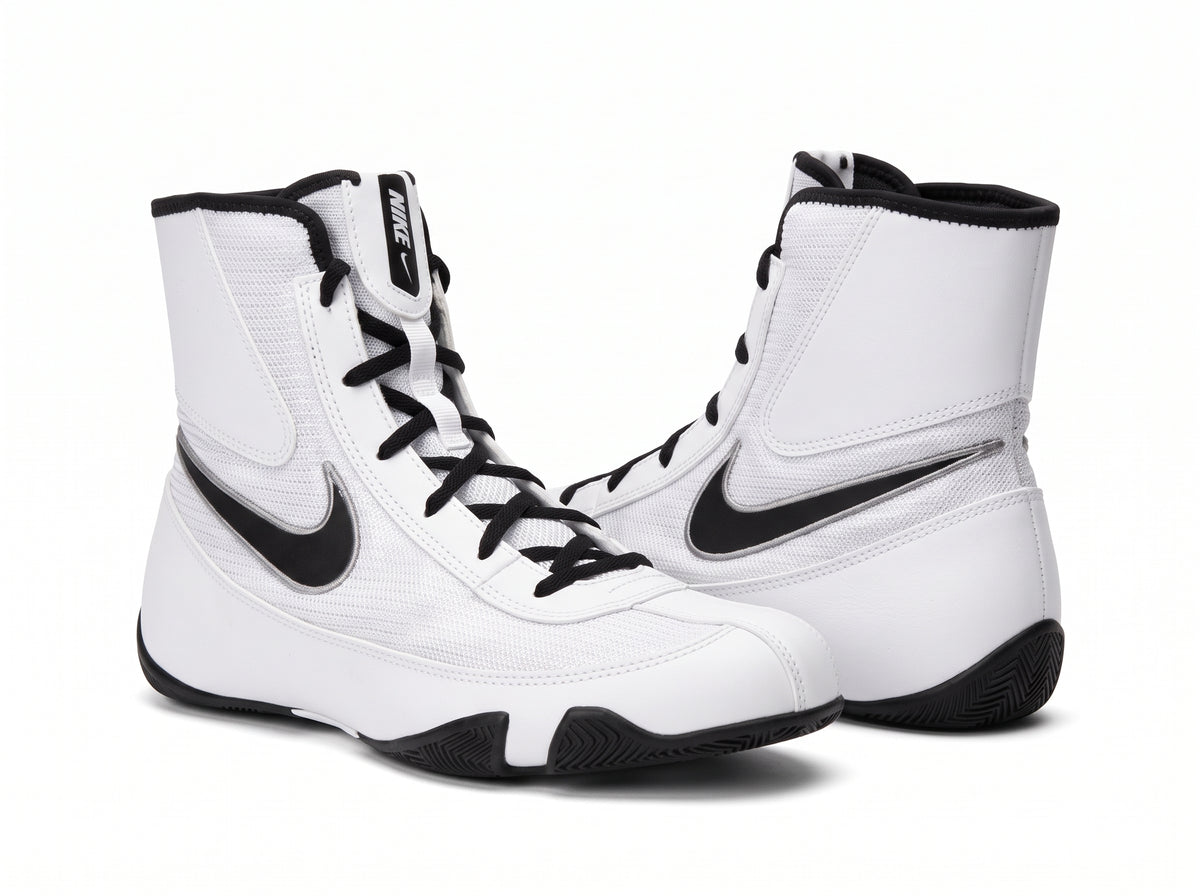 Nike Machomai 2 boxing shoes in White and Silver, mid-top lace-up boxing shoe