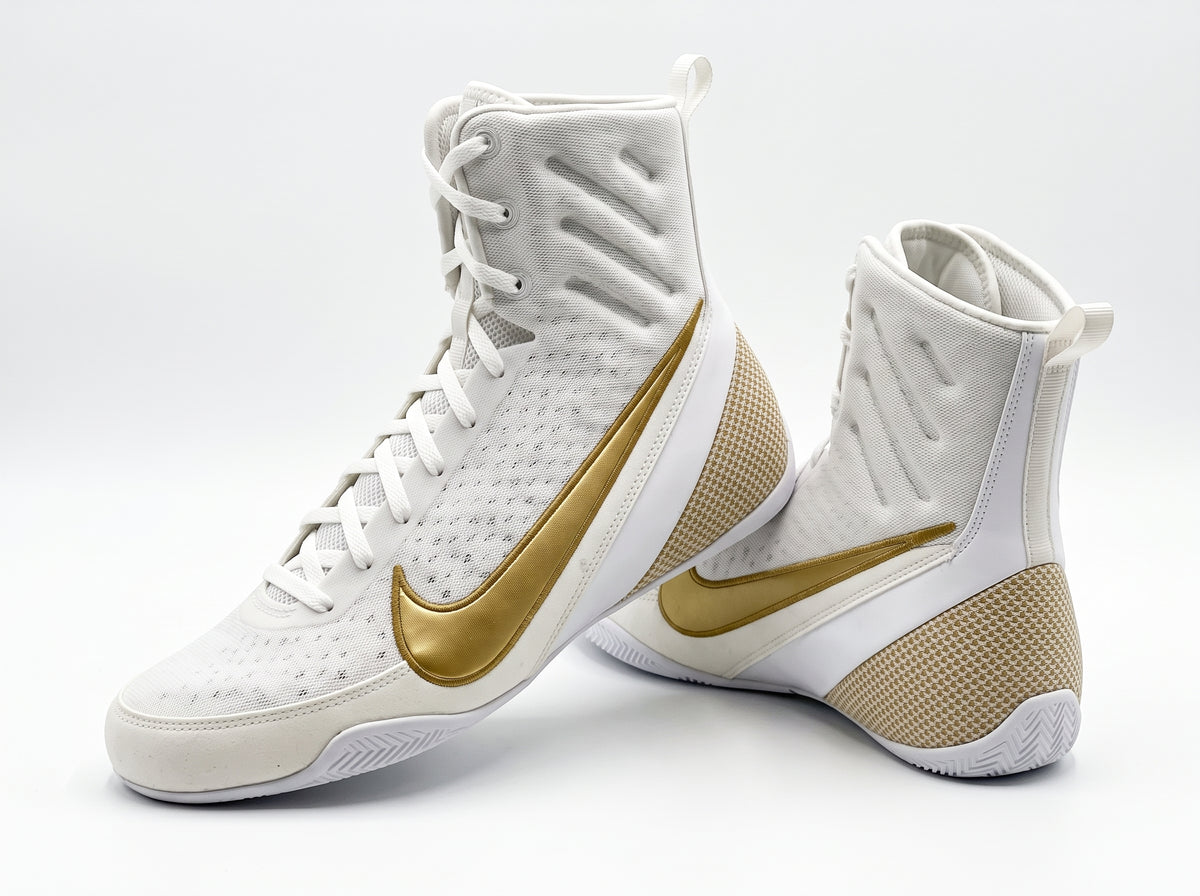 Nike Machomai 3 boxing shoes in White and Gold, mid-top lace-up boxing shoe