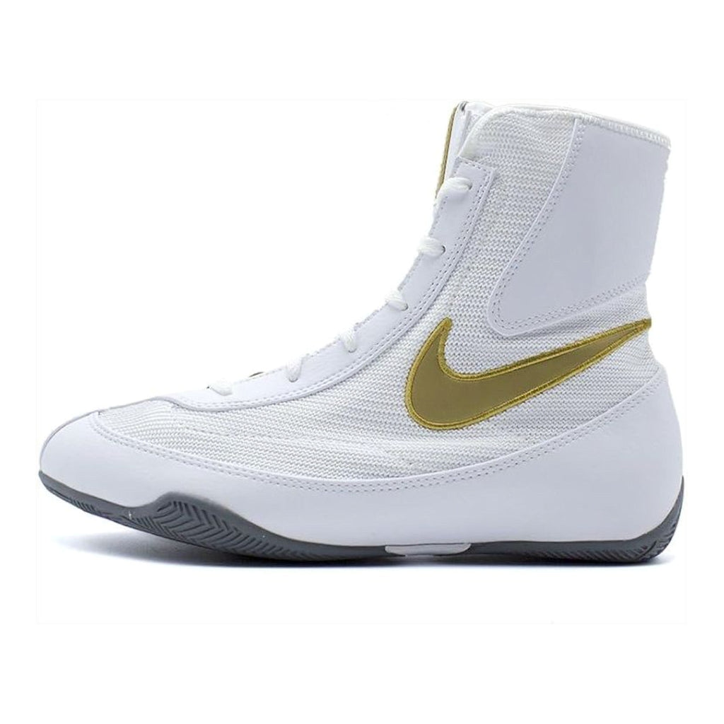 Nike Machomai boxing shoes in White and Gold, lightweight high-top boxing shoe