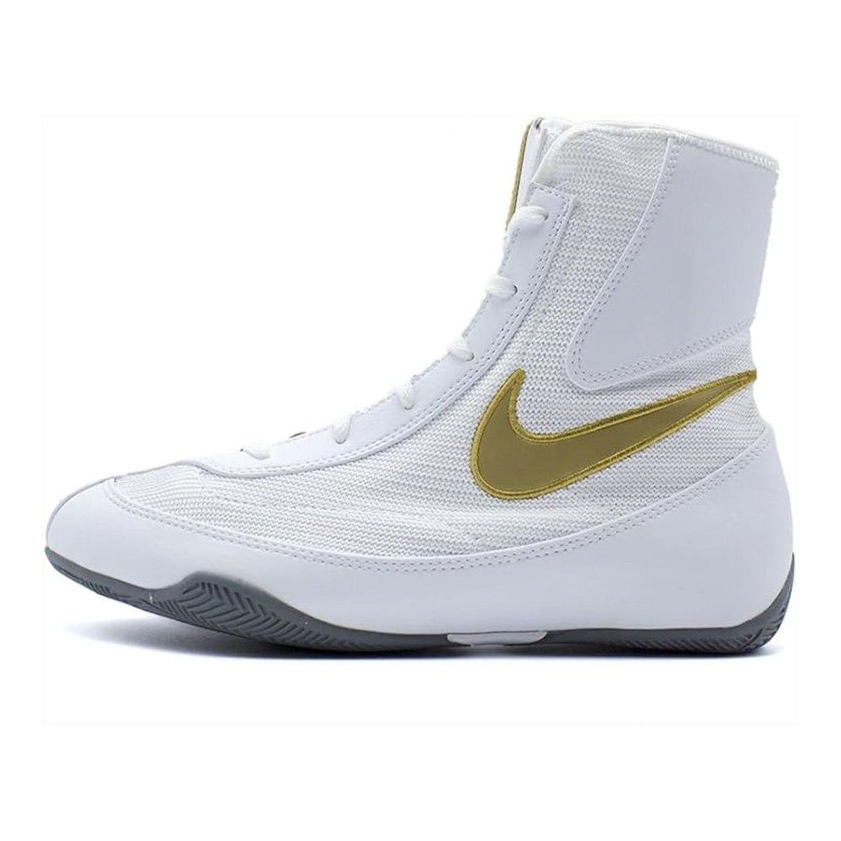 Nike Machomai boxing shoes in White and Gold, lightweight high-top boxing shoe