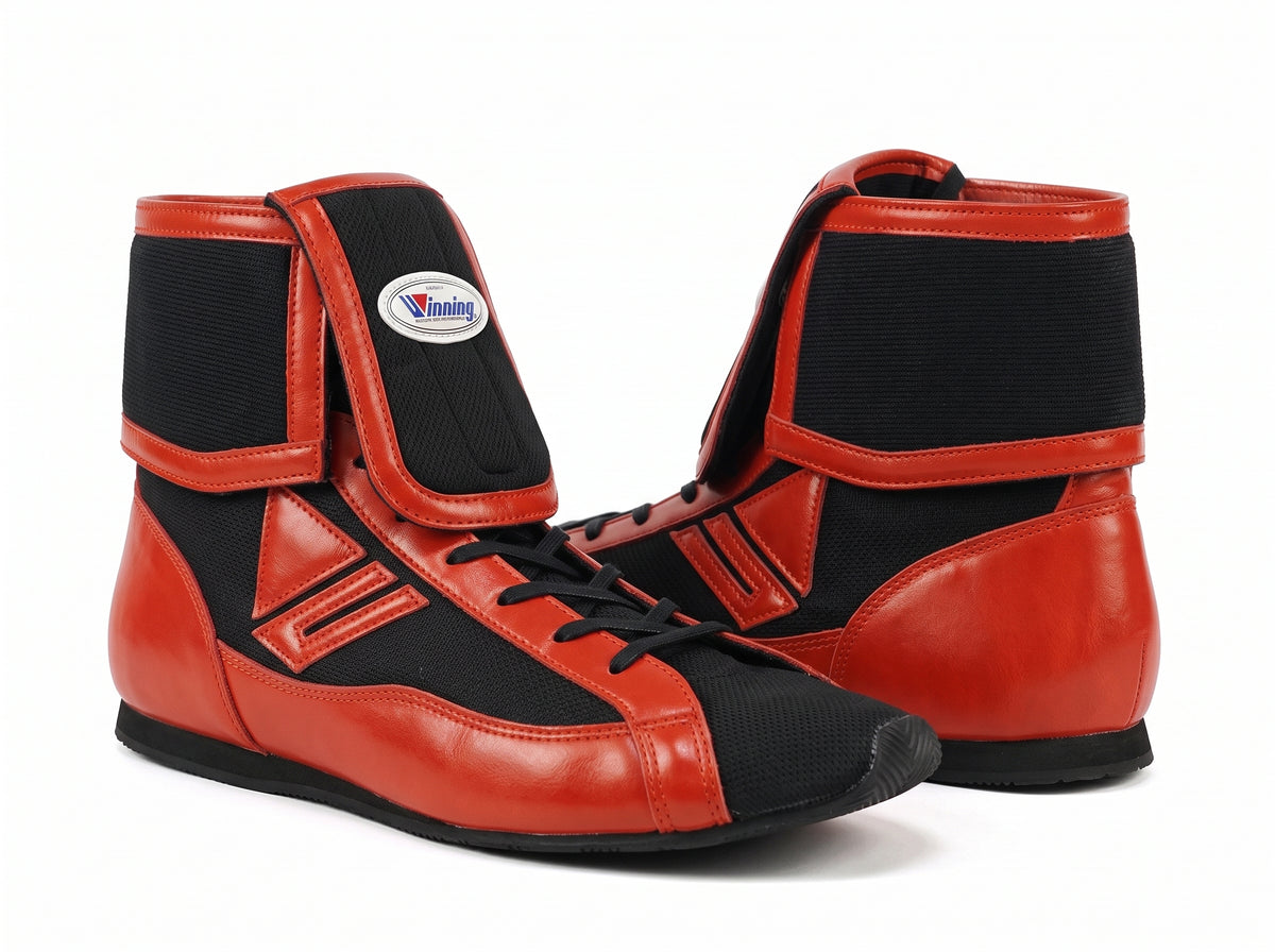 Winning Mid-Cut FOLD Type boxing shoes in Black and Red, Japanese fold-over boxing shoe