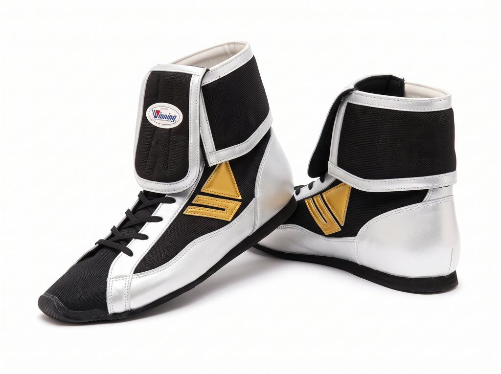Winning RS-003 mid-cut boxing shoes in White and Gold, Japanese lace-up boxing shoe