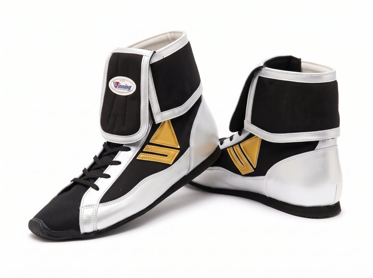Winning RS-003 mid-cut boxing shoes in White and Gold, Japanese lace-up boxing shoe