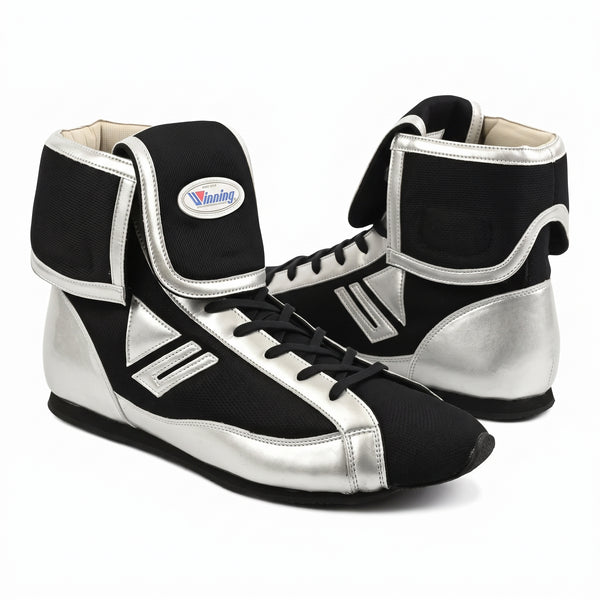 Winning RS-100 boxing shoes in Black and White, Japanese high-top lace-up boxing shoe